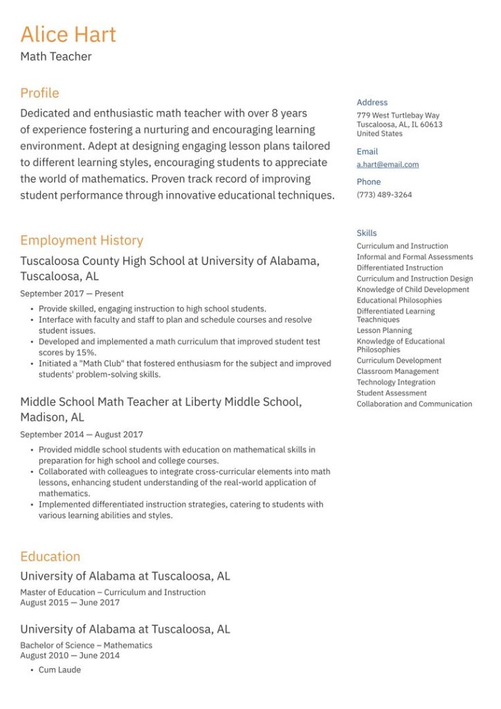 Screenshot of a resume with large, easy-to-read text in two columns
